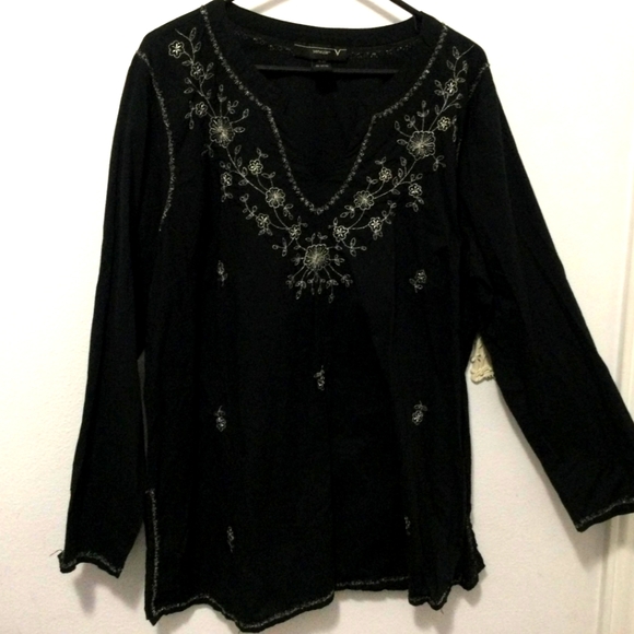 Black Gauze Embroidered Beaded Tunic Lane Bryant Top Venezia Sz 22/24 - Picture 2 of 5